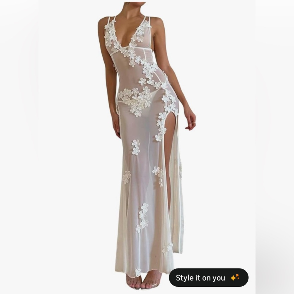 Sheer Lace Maxi Dress White Floral Patchwork